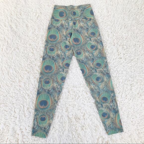 AUTOMATIC Peacock Print Leggings Green & Gold High Waist Tights size XS - Picture 5 of 9